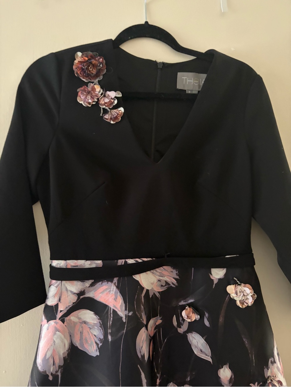 Theia Black V-Neck Long Sleeve Dress with Pink Floral Skirt - Picture 6 of 14